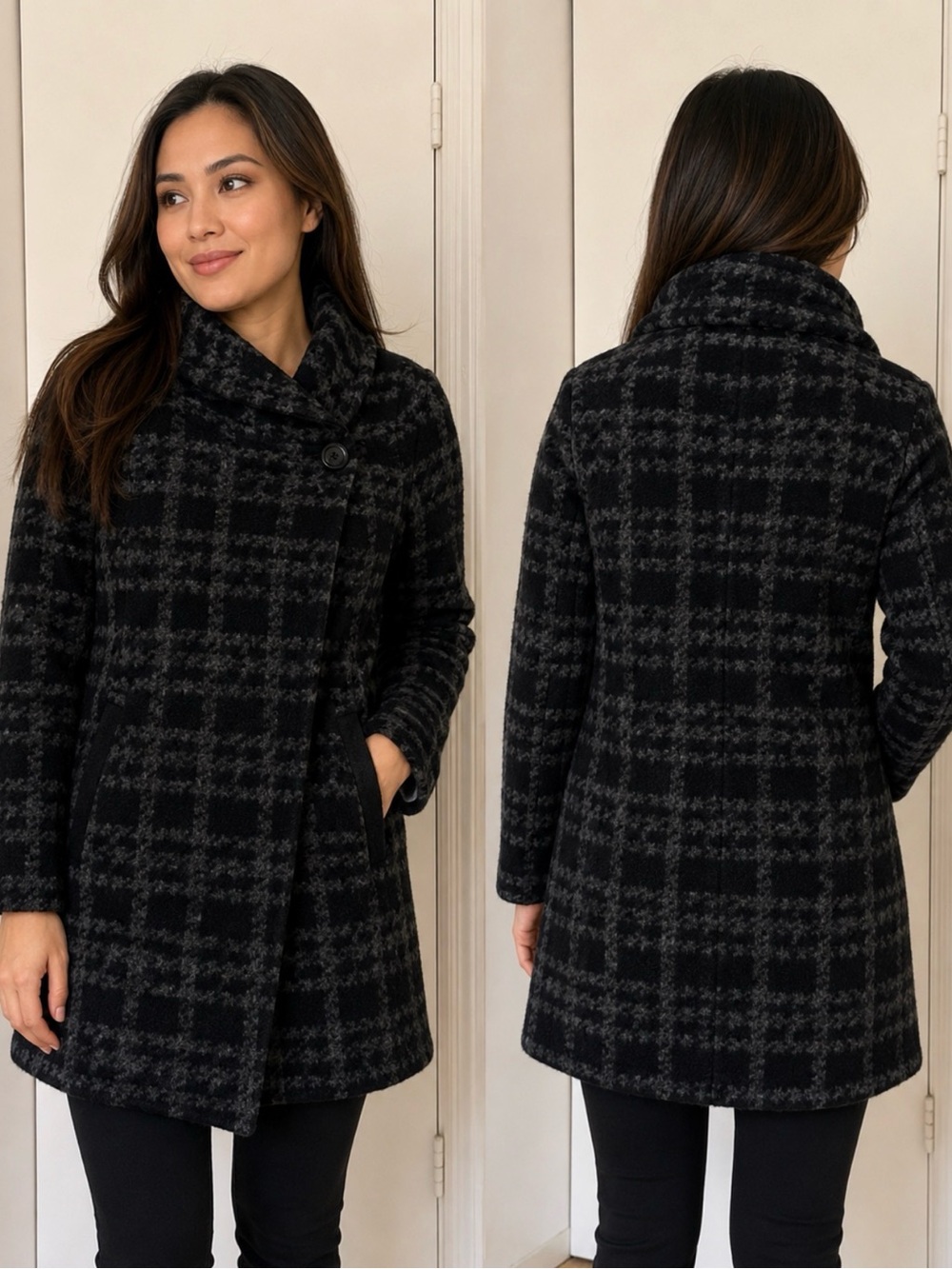 Ellen Tracy Black & Gray Plaid Pea Coat